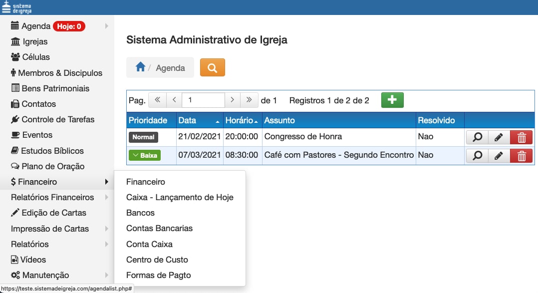 Tela do software Sistema de Igreja